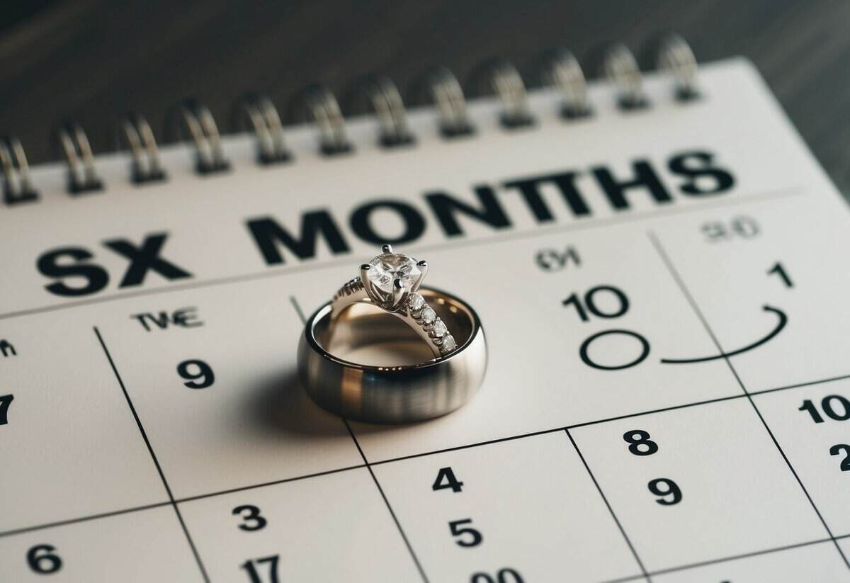 A wedding ring placed on a calendar, with the date six months from now circled