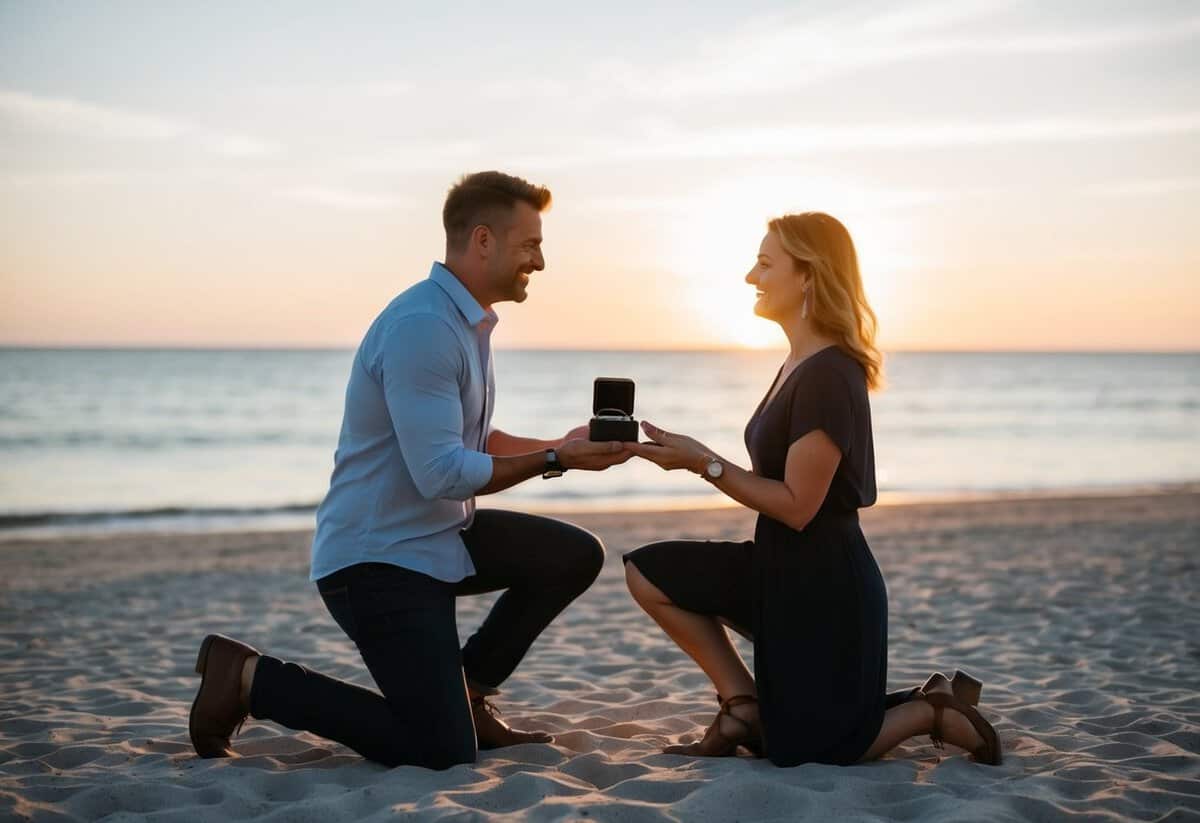A man kneeling on a beach at sunset, holding out a ring box towards the person he loves