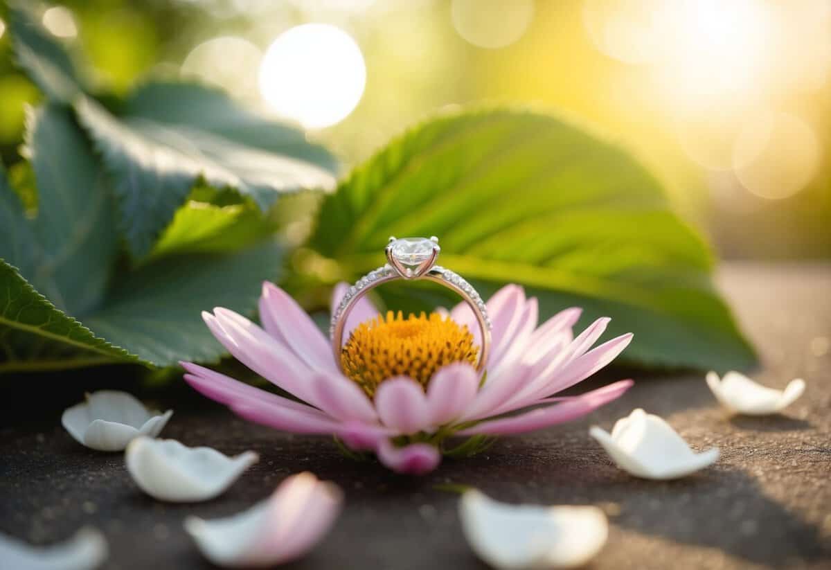 A ring resting on a blooming flower, surrounded by scattered petals and soft sunlight filtering through the leaves