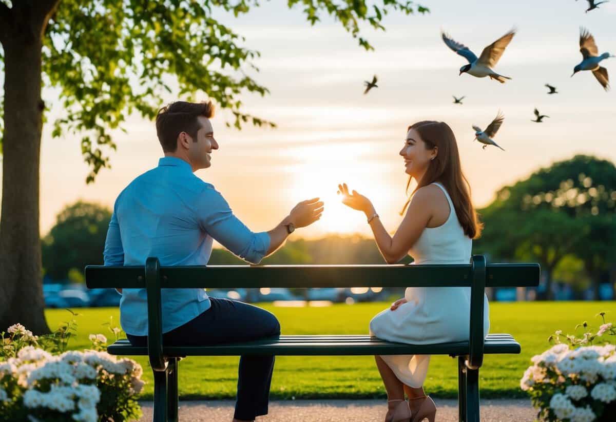 A couple sits on a park bench, surrounded by blooming flowers and chirping birds. The sun sets behind them as one person holds out a ring, the other looks surprised