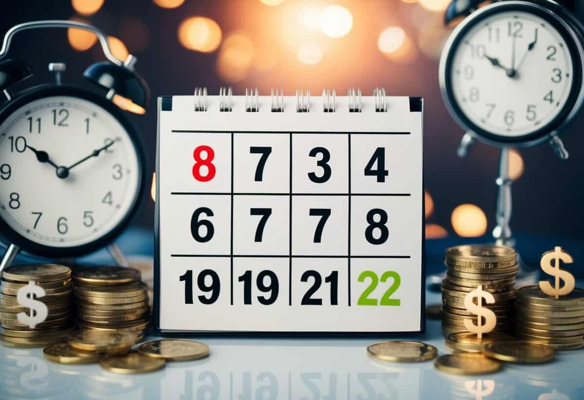 A calendar with 8 months marked off, surrounded by clocks and money symbols