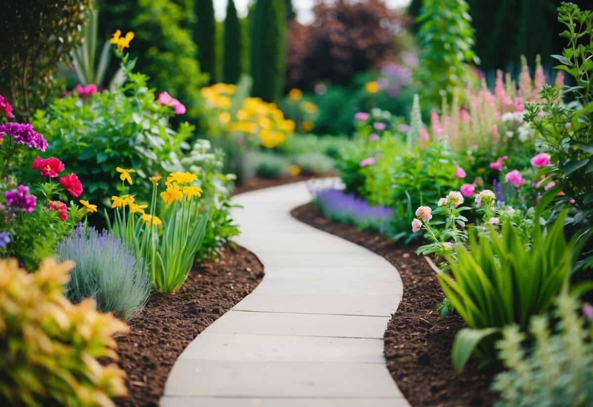 A winding path leading through a lush garden, with a variety of flowers and plants blooming at different stages of growth