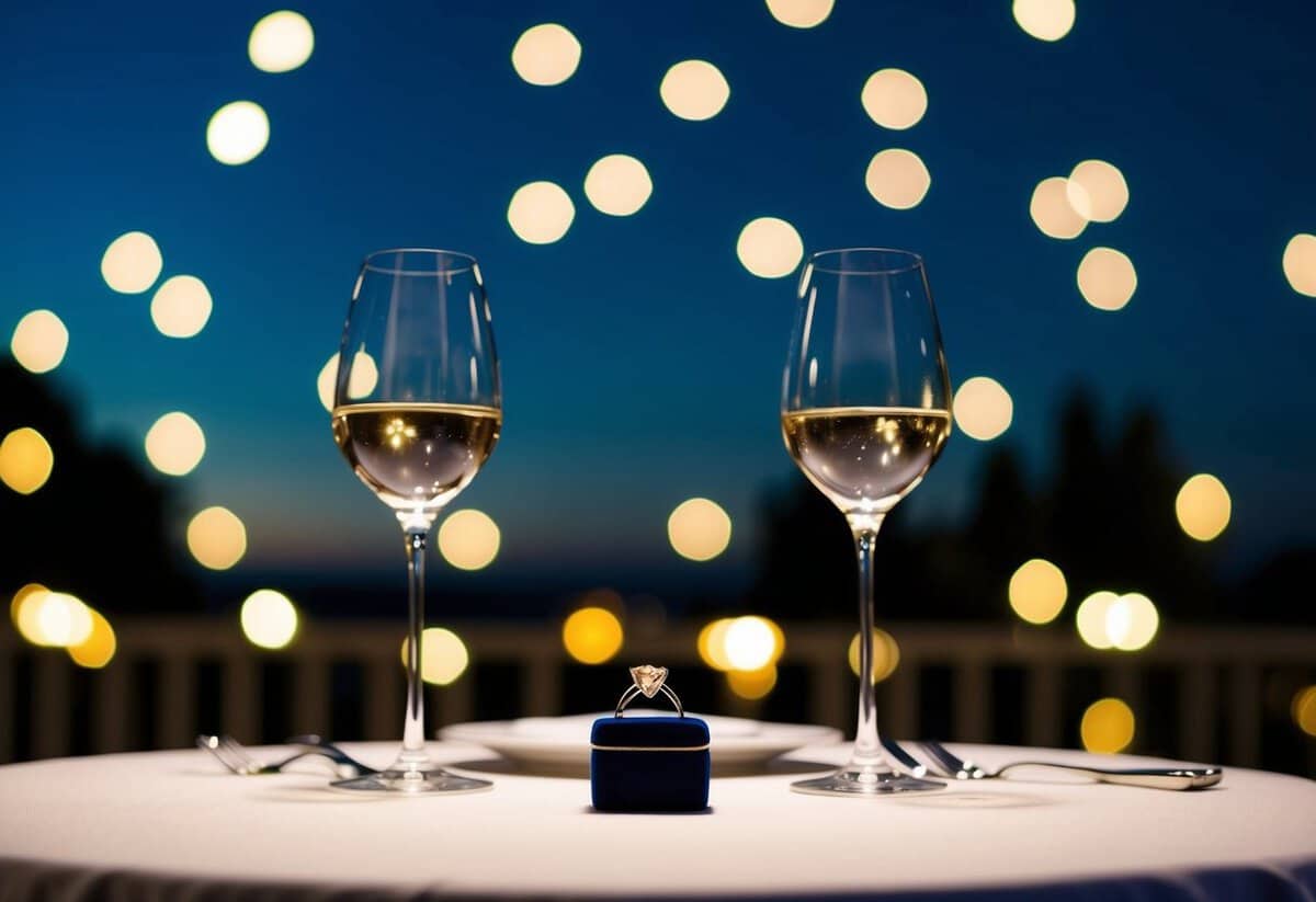 A romantic dinner under a starry sky with a small ring box on the table