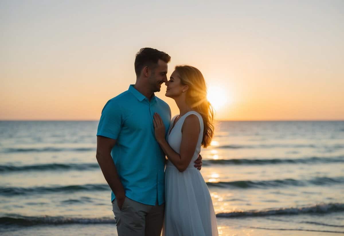 A couple standing on a beach at sunset, with a calm ocean and a clear sky in the background, creating a romantic and serene setting