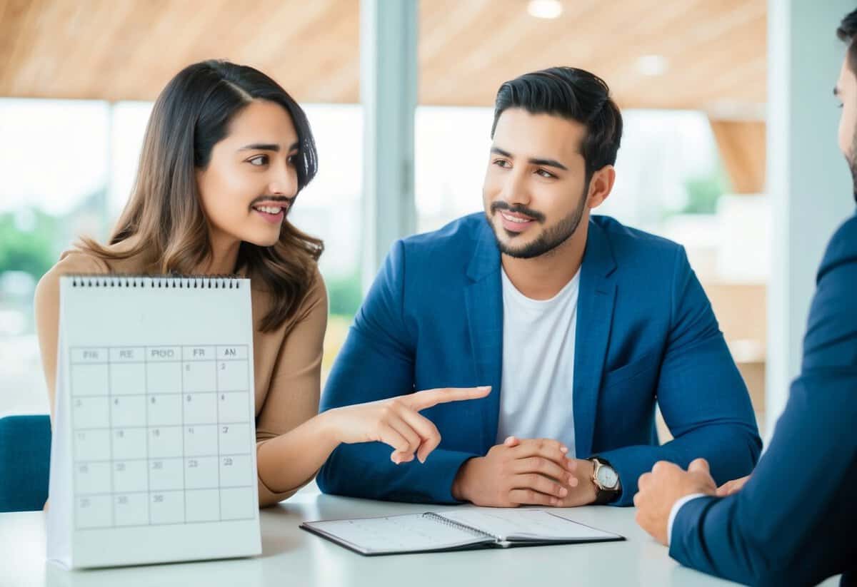 A couple sits at a table with a calendar, discussing the timing of a proposal. The woman gestures toward the calendar, while the man listens attentively