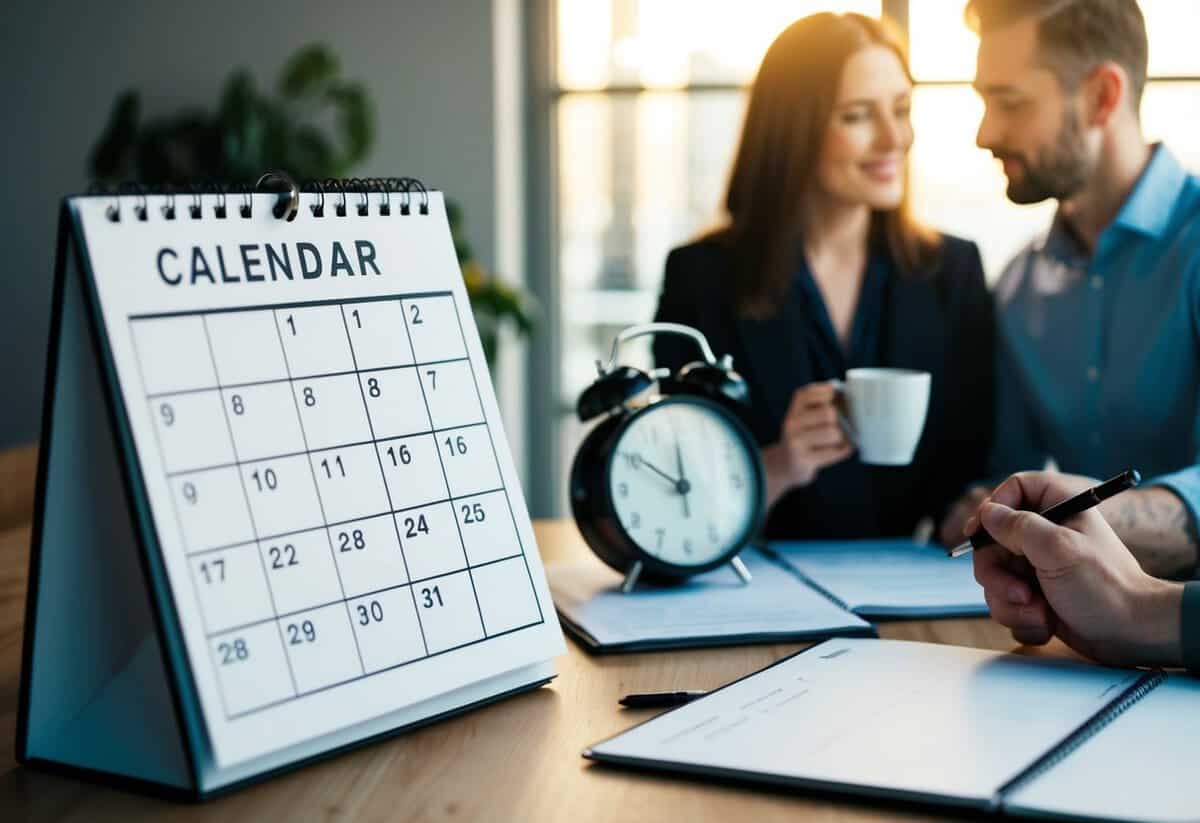 A calendar with only a few weeks filled in, a clock showing a short amount of time, and a couple discussing plans