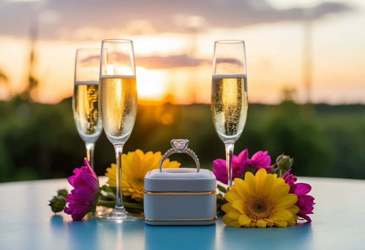 A ring box surrounded by blooming flowers and champagne glasses, set against a sunset backdrop