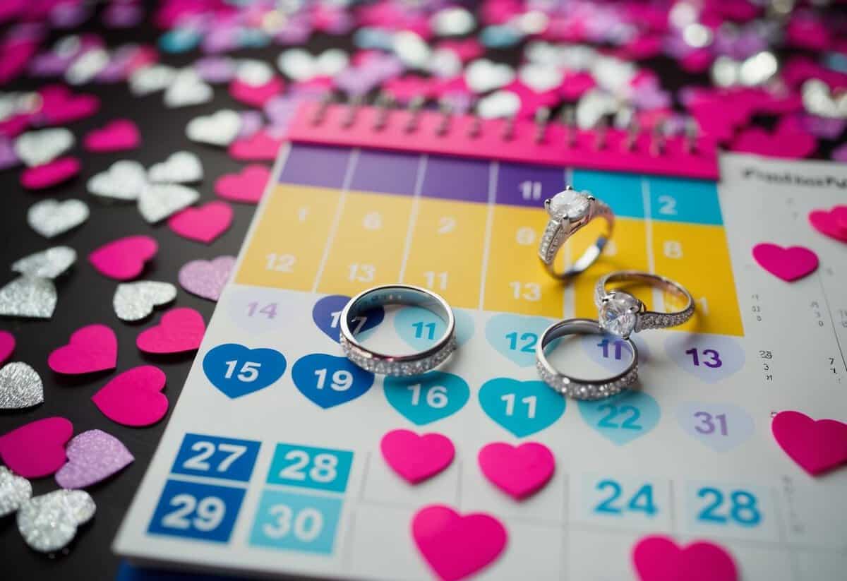 A colorful calendar with highlighted months, surrounded by heart-shaped confetti and sparkling engagement rings