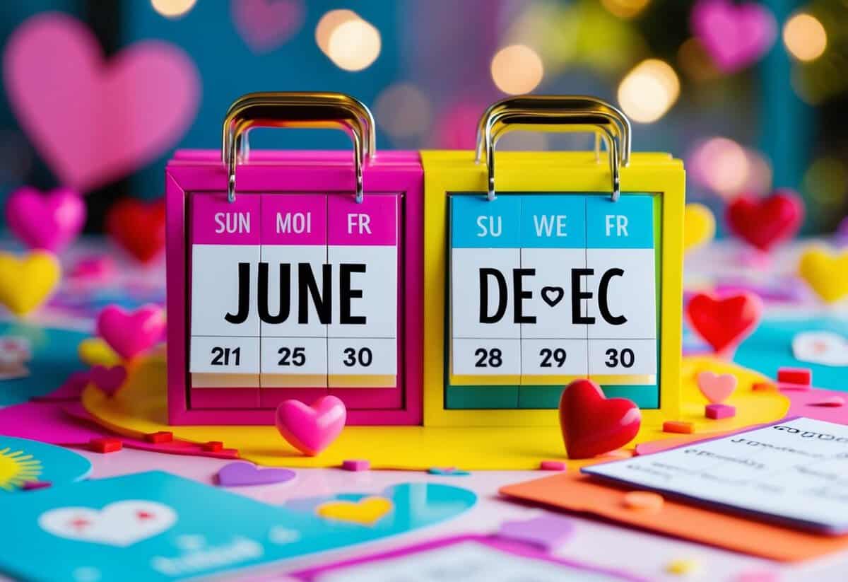 A vibrant calendar with highlighted months of June and December, surrounded by symbols of love and cultural elements
