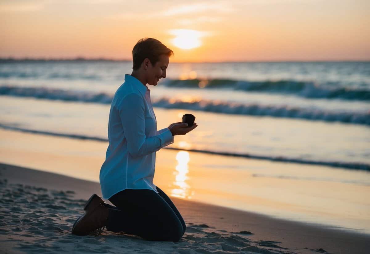 A person holding a small box with a ring inside, kneeling on a beach at sunset