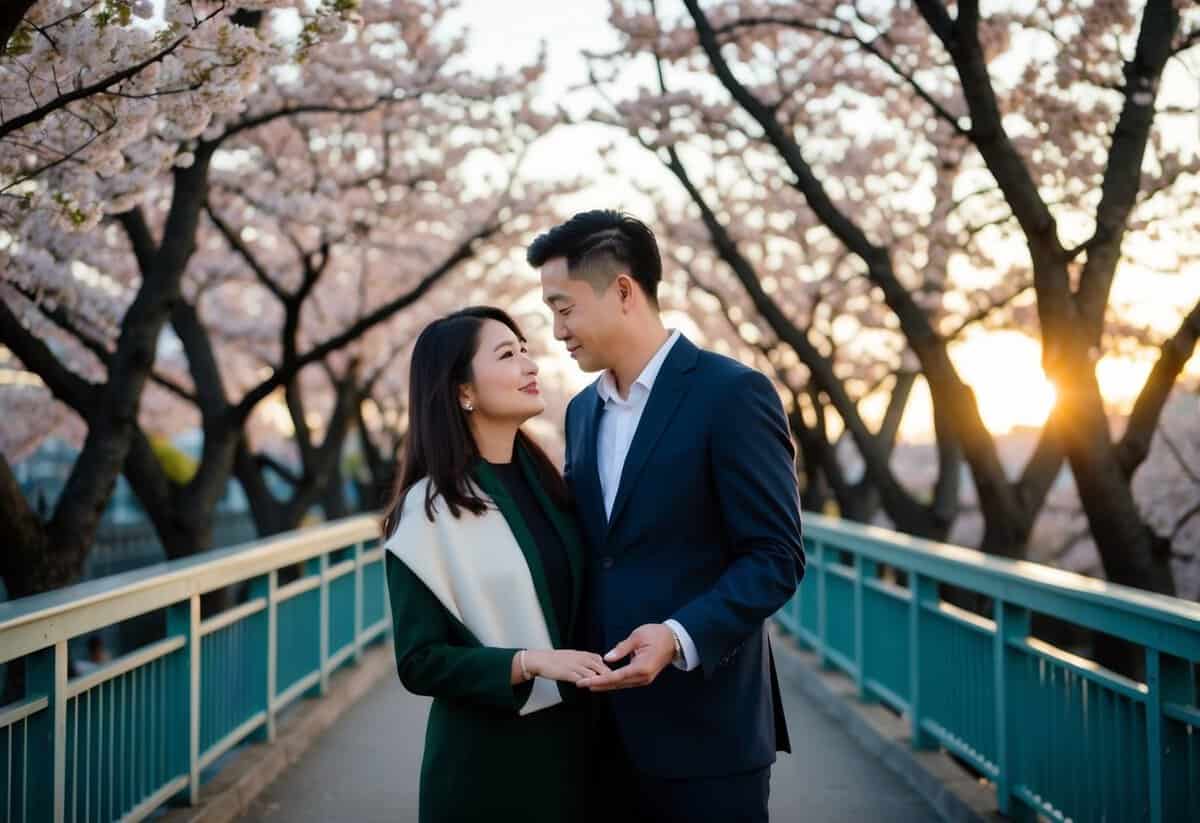 A couple stands on a bridge, surrounded by blooming cherry blossom trees. The setting sun casts a warm glow as they contemplate a ring in the palm of their hand