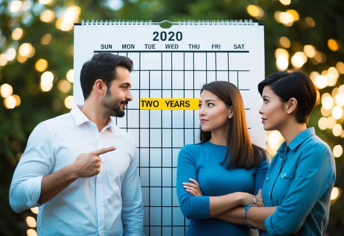 A couple standing in front of a calendar, with one person pointing to the date two years in the future while the other person looks uncertain