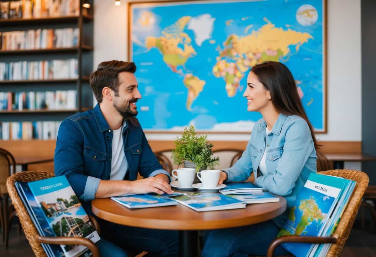 A couple sitting at a cafe, surrounded by travel brochures and a world map, discussing their future together
