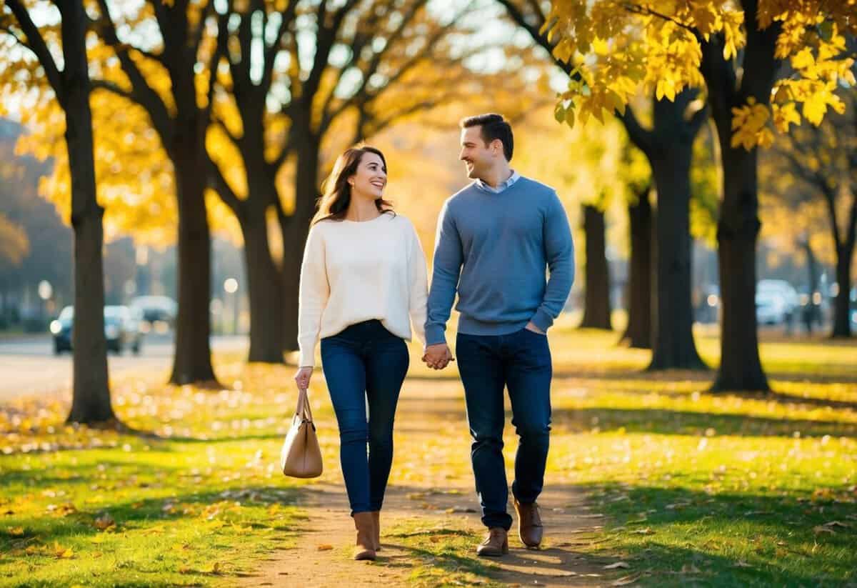 A couple walks hand in hand through a park, smiling and chatting, surrounded by autumn leaves and warm sunlight