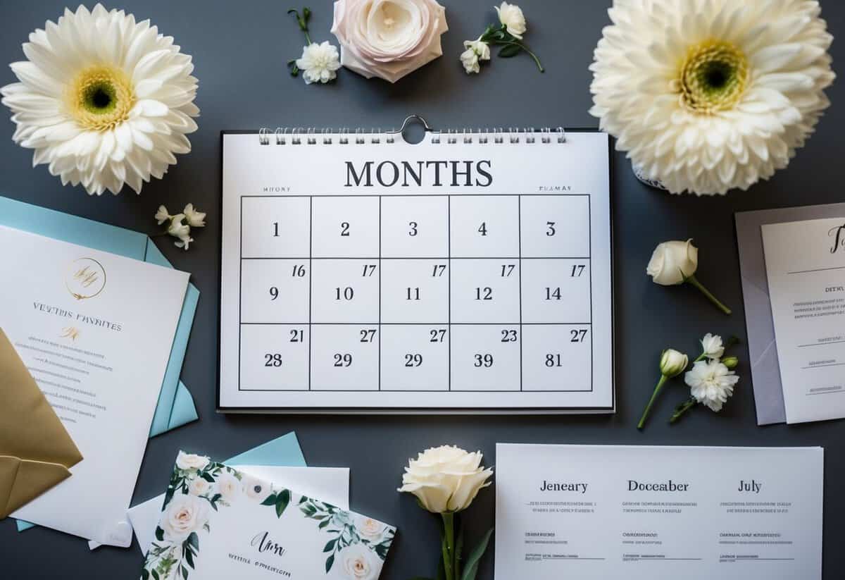 A calendar with 7 months marked, surrounded by wedding planning materials such as invitations, flowers, and a venue layout