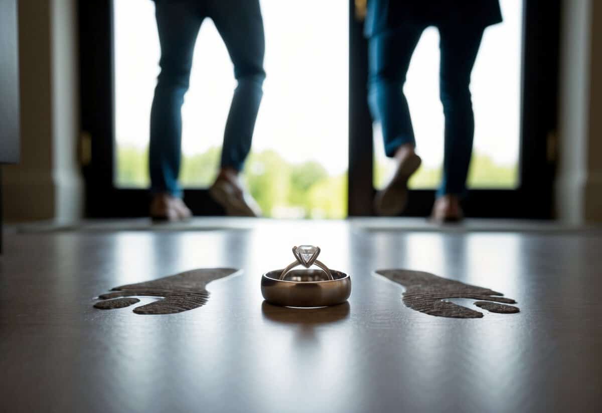 A couple's engagement ring left on a table, while two sets of footprints lead out the door