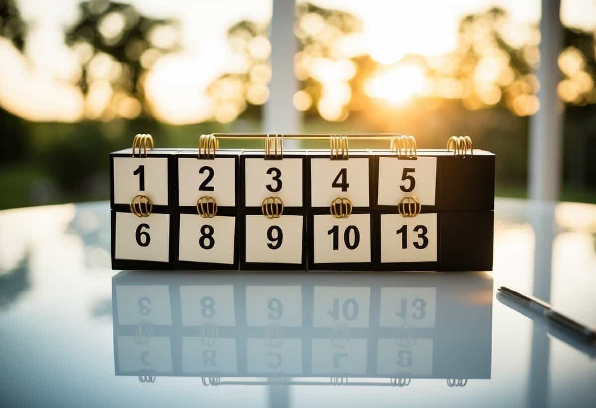A calendar with wedding planning milestones marked off in 7 months