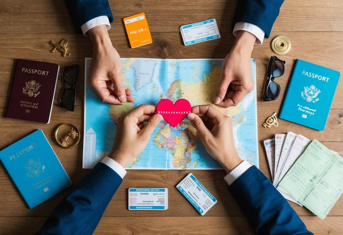 A couple's hands holding a map with a heart-shaped destination marked, surrounded by travel essentials like passports and tickets