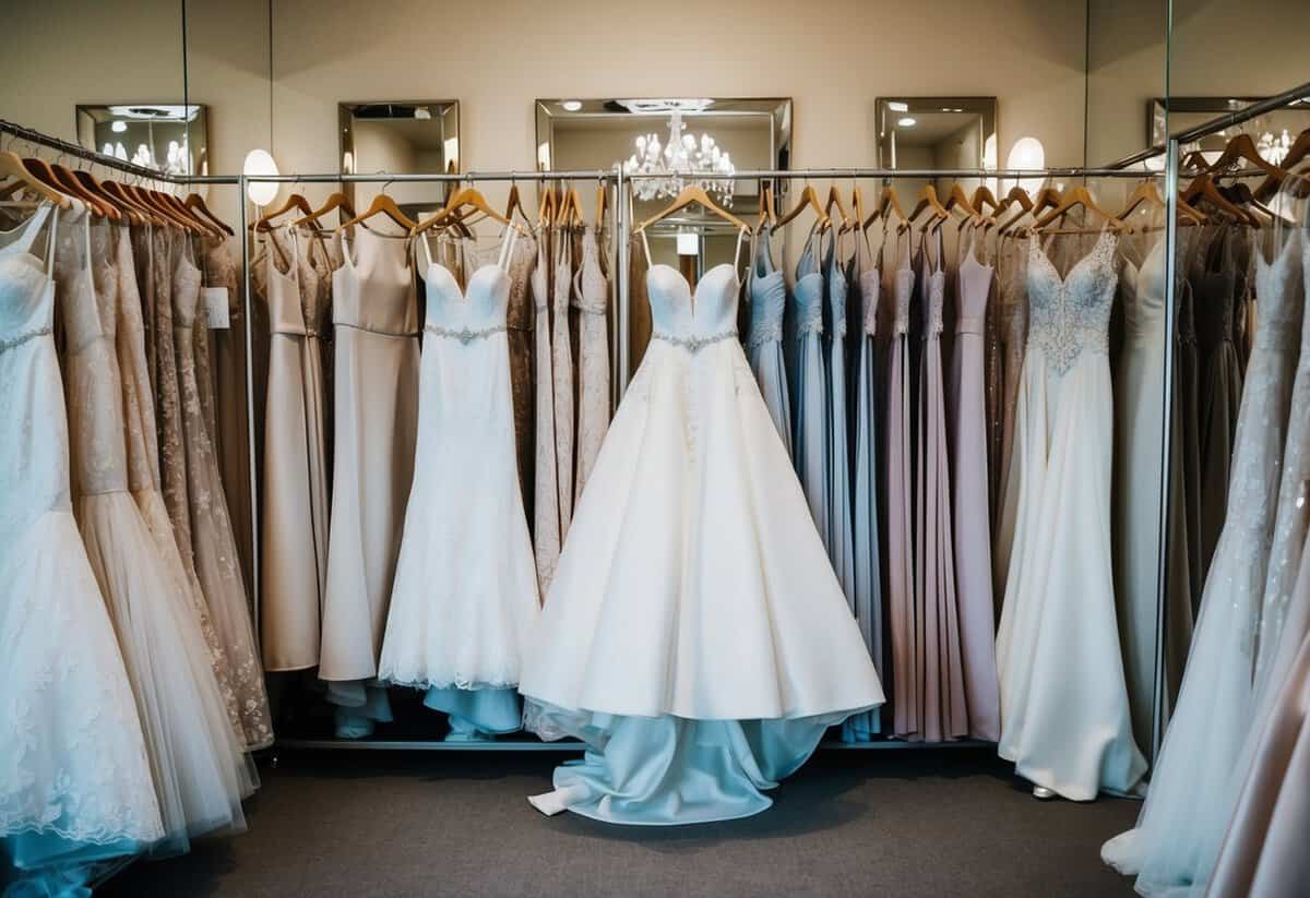 A bridal boutique with racks of wedding dresses in various styles and lengths, displayed under soft lighting and surrounded by mirrors