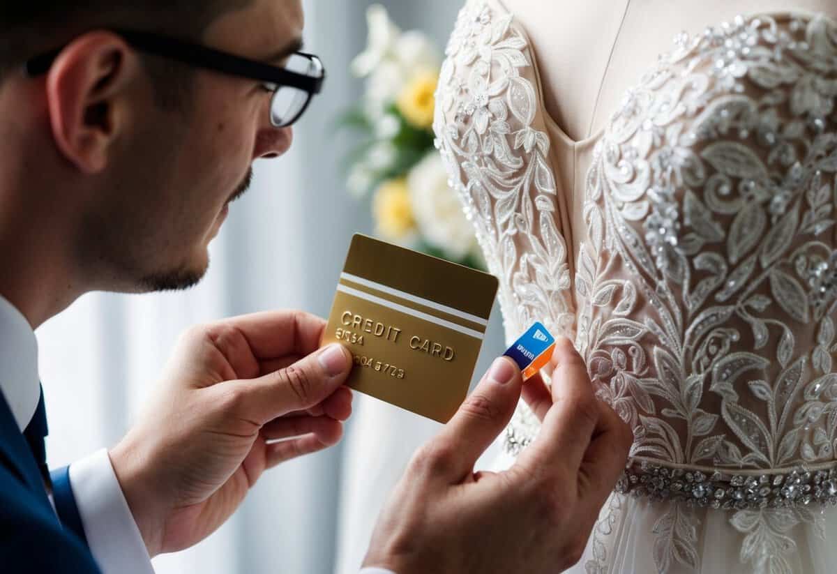 A groom's hand holding a credit card while a tailor measures a wedding dress