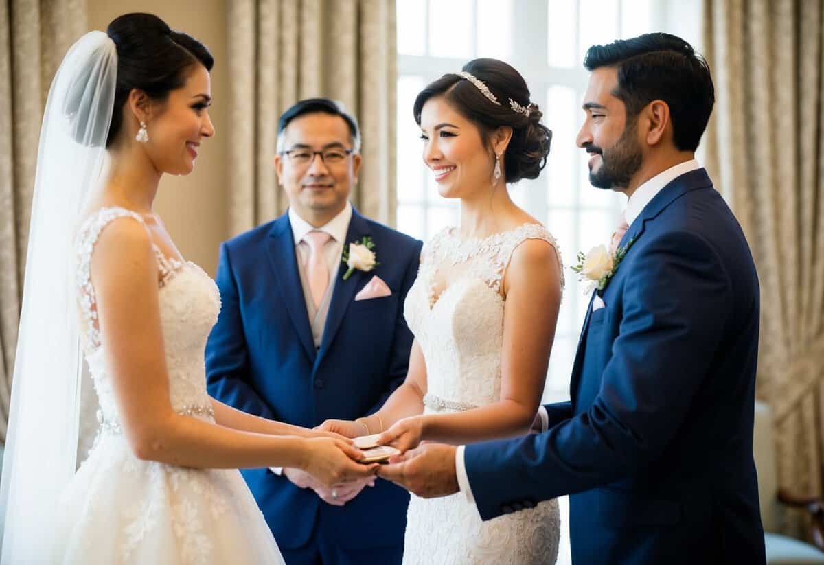 A bride's dress being presented and paid for by a groom's family member in a formal setting