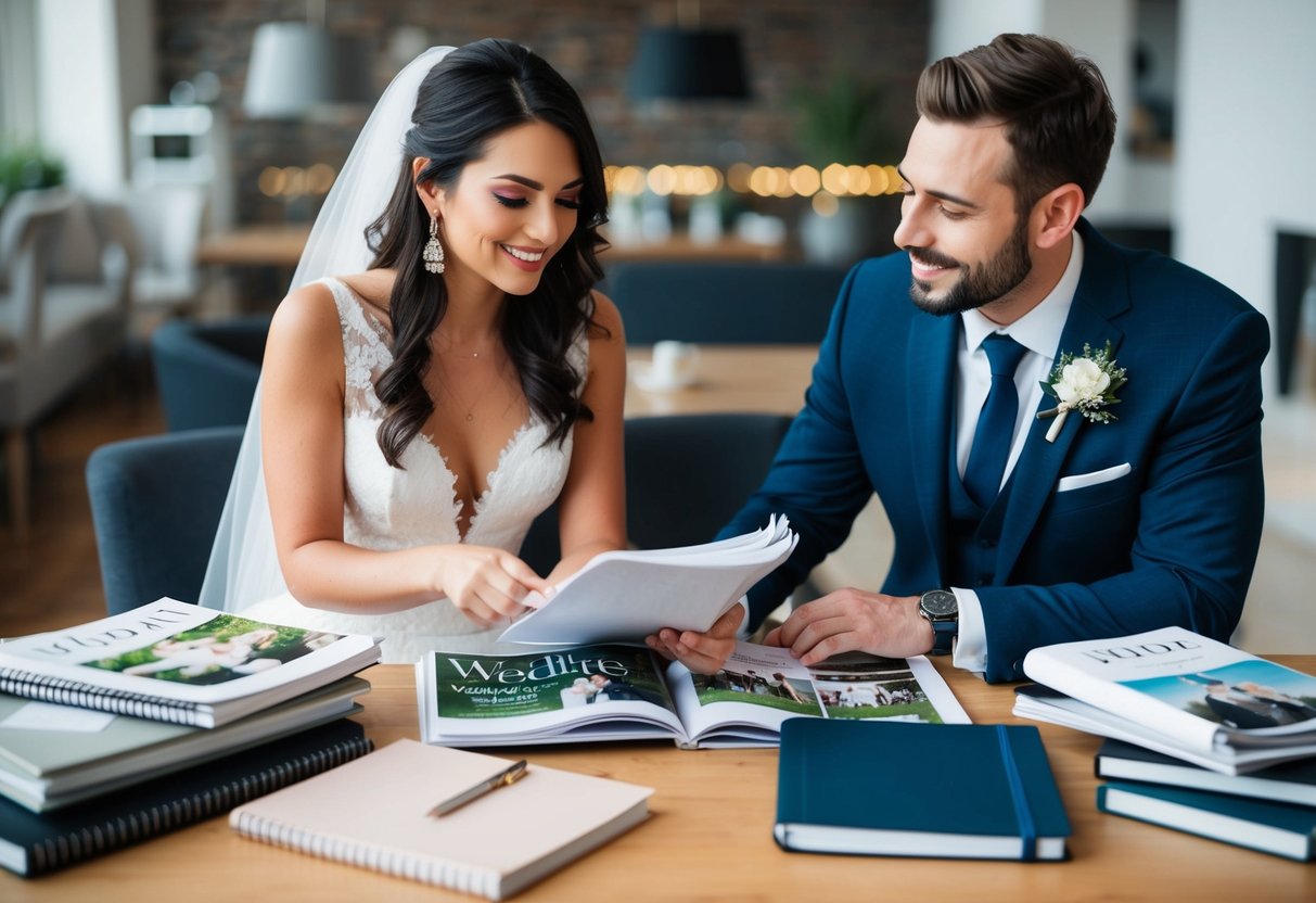 A couple surrounded by wedding magazines and notebooks, discussing and planning their wedding details