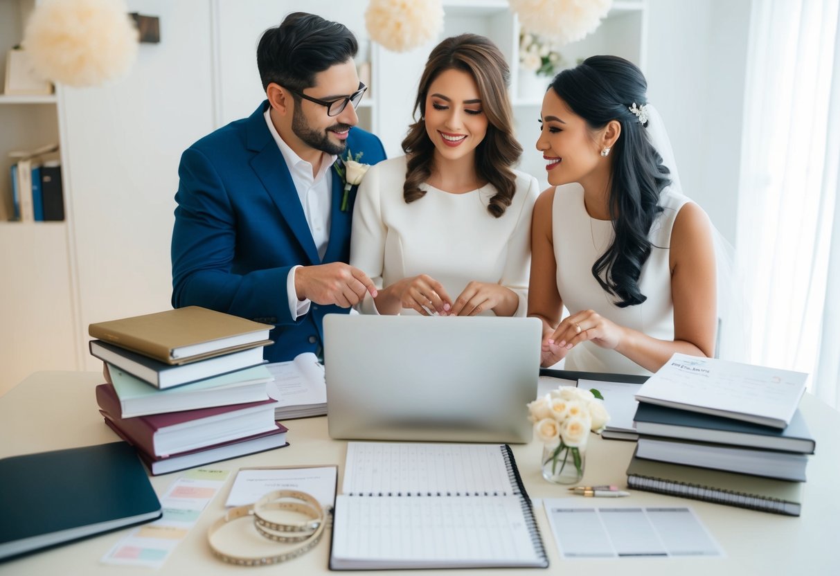 A couple surrounded by wedding planning books, calendars, and a laptop, discussing and organizing their wedding details