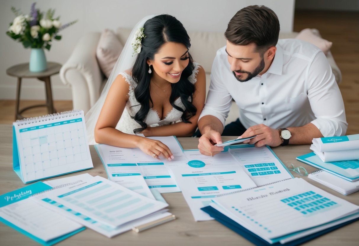 A couple surrounded by wedding planning materials, calendars, and checklists, discussing and organizing details for their upcoming wedding