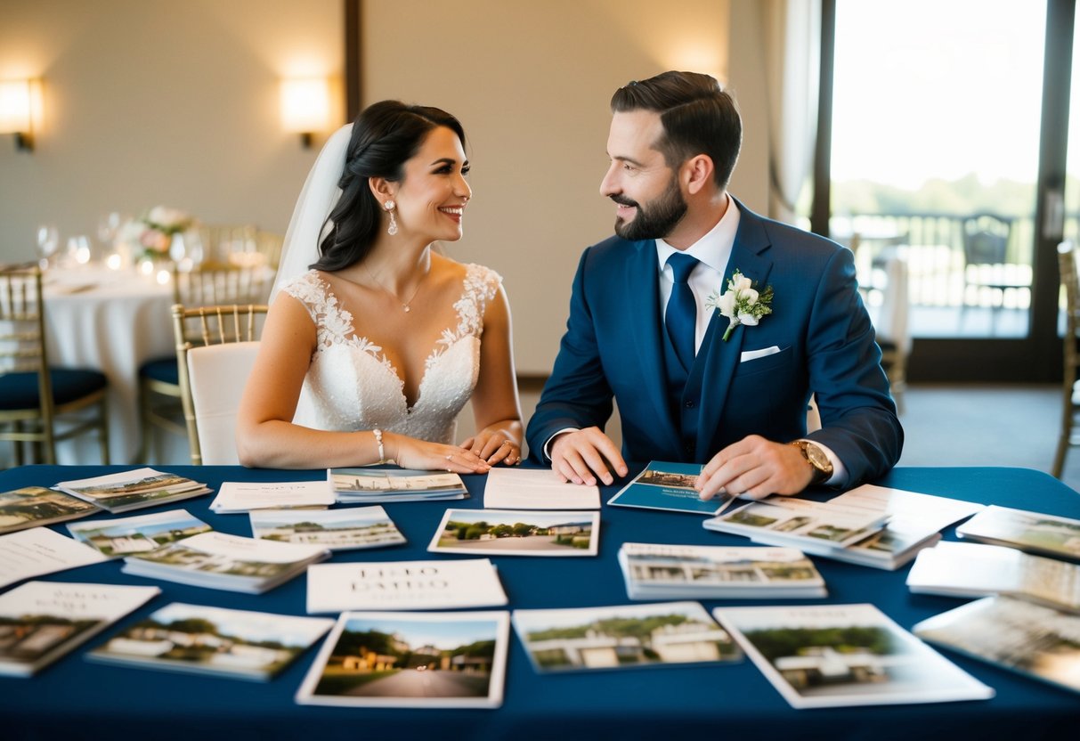 A couple sits at a table covered in vendor brochures and venue photos, discussing and planning their wedding