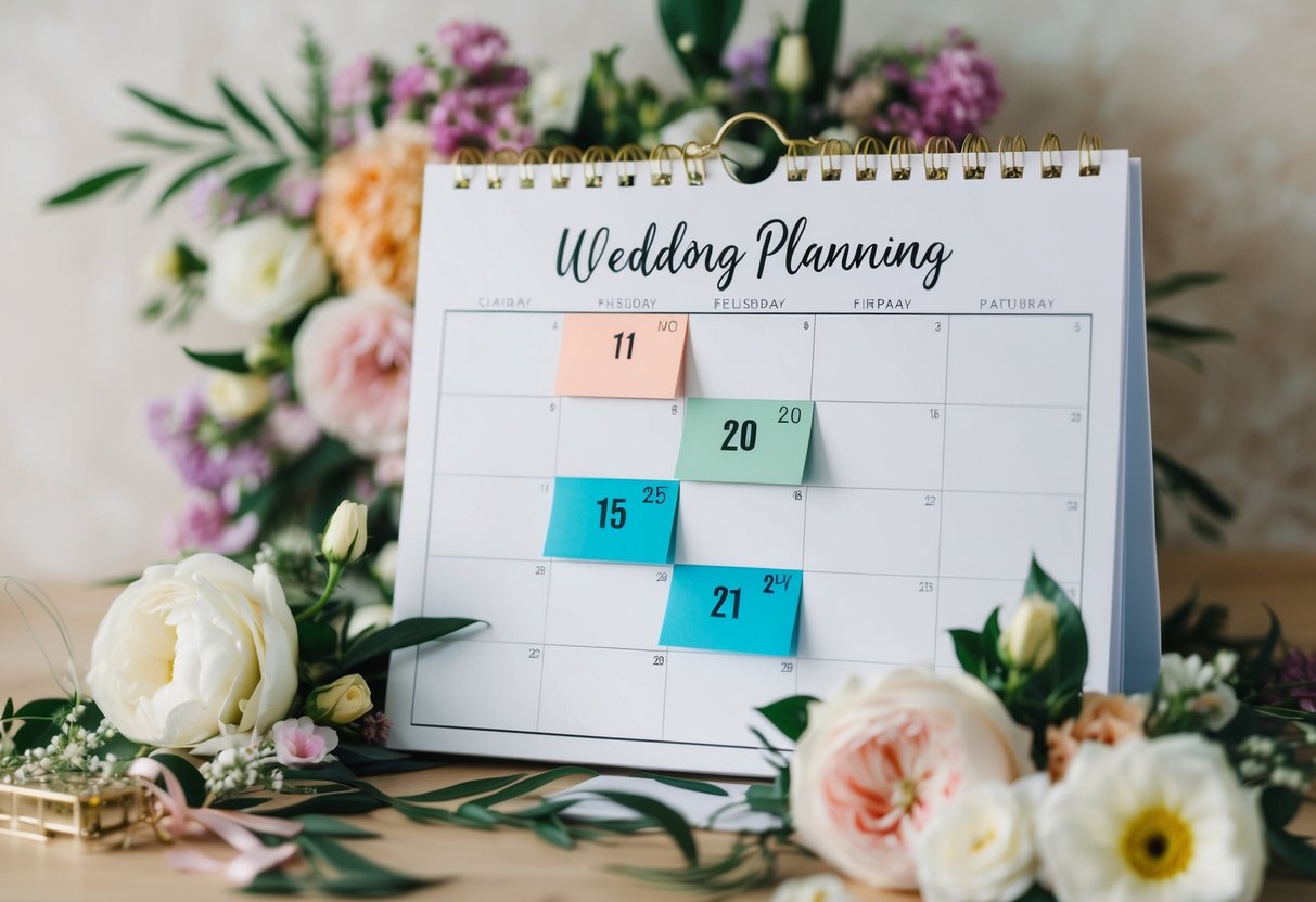 A calendar with wedding planning milestones marked off in different colors, surrounded by floral and decorative elements