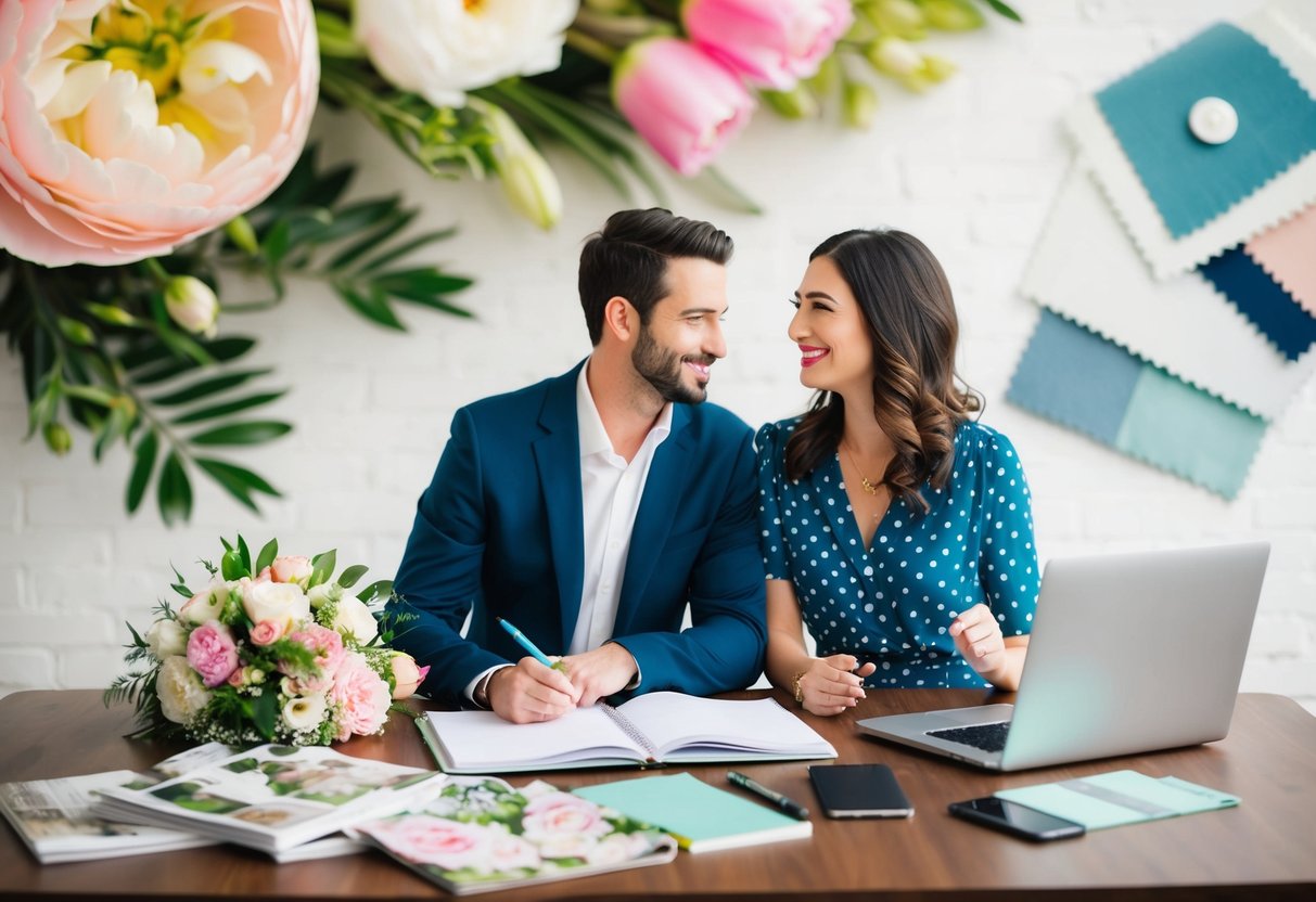 A couple sitting at a table with a notebook, pen, and laptop, surrounded by wedding magazines, flowers, and fabric swatches
