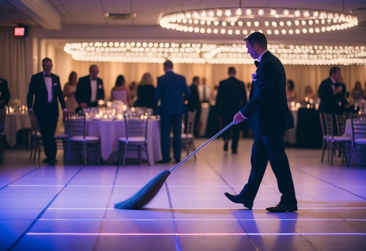 Tables cleared, lights dimmed, guests departing, and a lone figure sweeping the empty dance floor