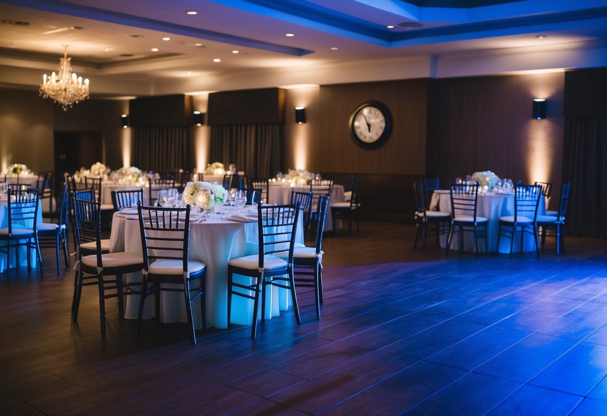 The wedding venue is dimly lit, with empty chairs and a cleared dance floor. The clock on the wall reads 11pm, indicating the end of the celebration
