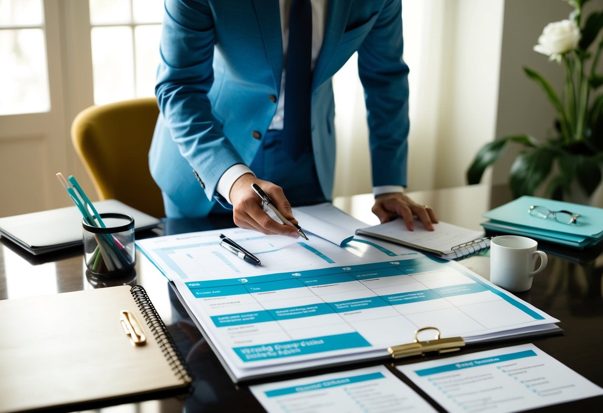 A wedding planner reviewing a timeline with a calendar, checklist, and vendor contracts spread out on a desk