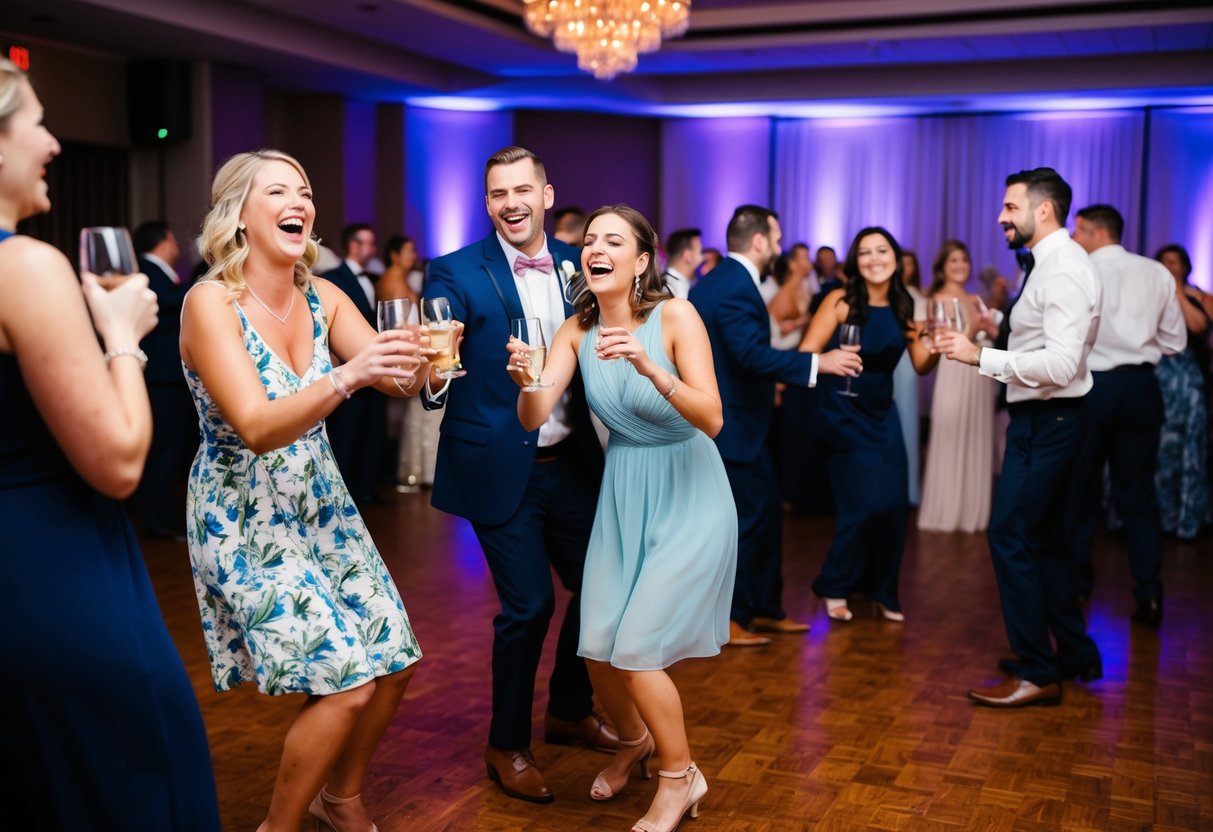 A lively dance floor with guests laughing and clinking glasses, while a band plays in the background