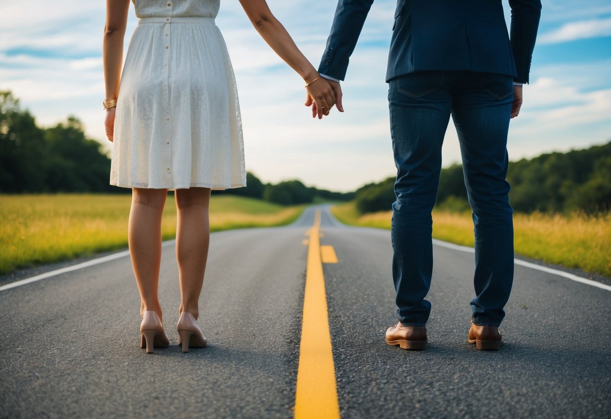 A couple standing at a fork in the road, one path smooth and straight, the other rocky and winding, symbolizing the challenges and choices faced in the first two years of marriage