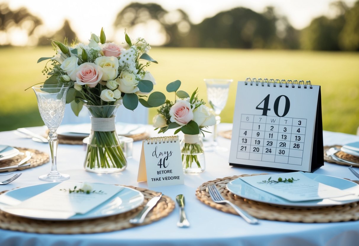 A table set with wedding invitations, flowers, and a calendar marking 40 days before the wedding