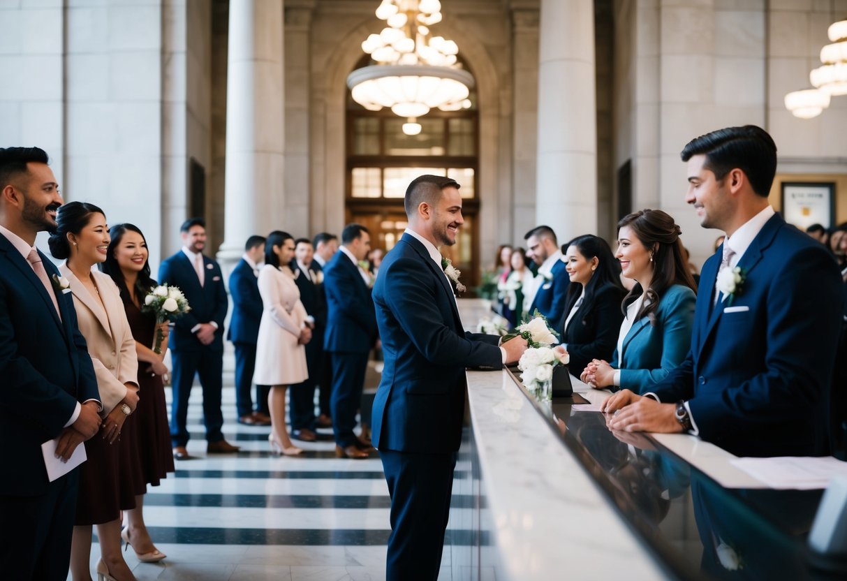 A bustling city hall with a long line of couples waiting to get married by a smiling clerk behind the counter