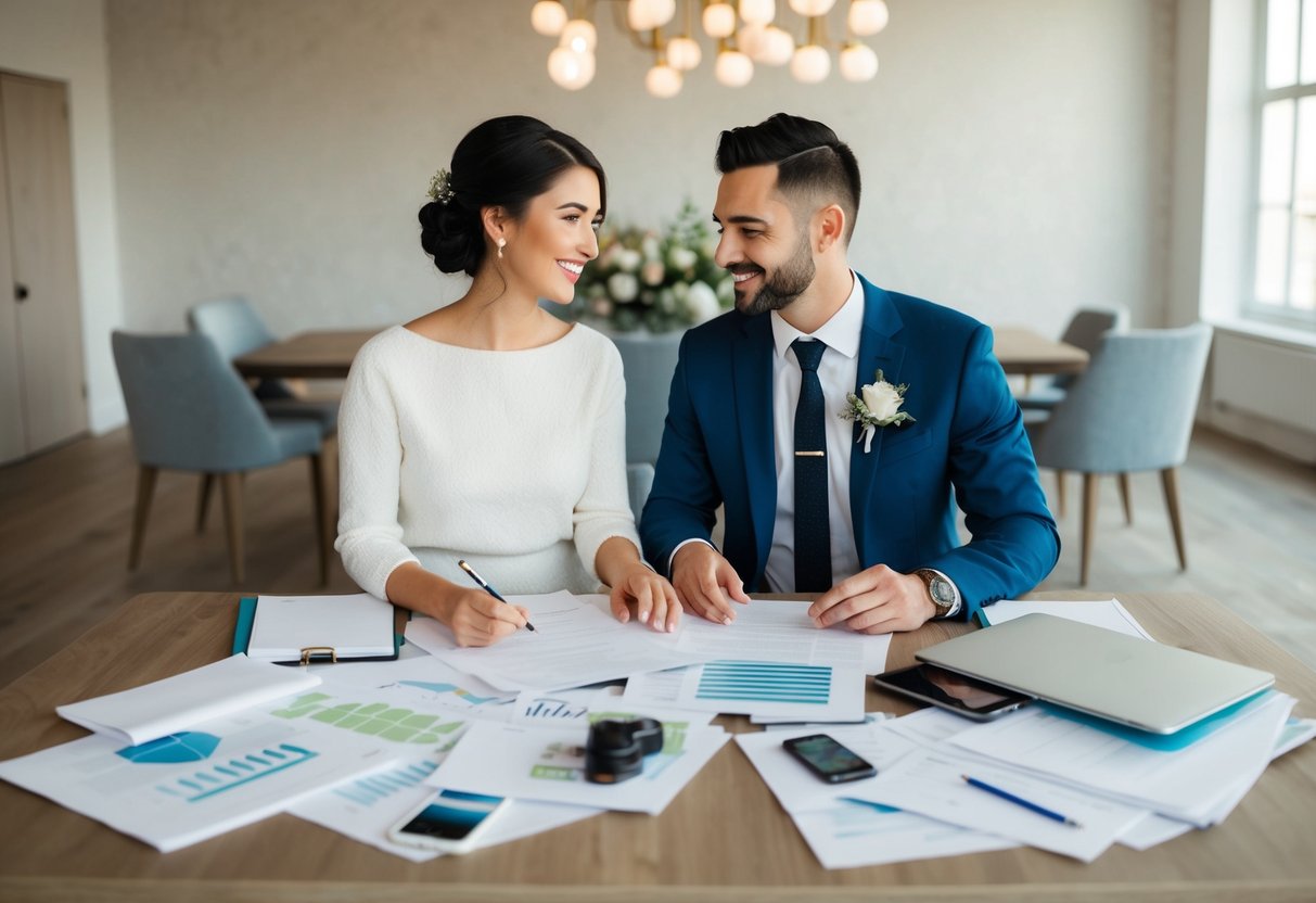 A couple sitting at a table with wedding planning materials spread out, making decisions and finalizing details for the big day