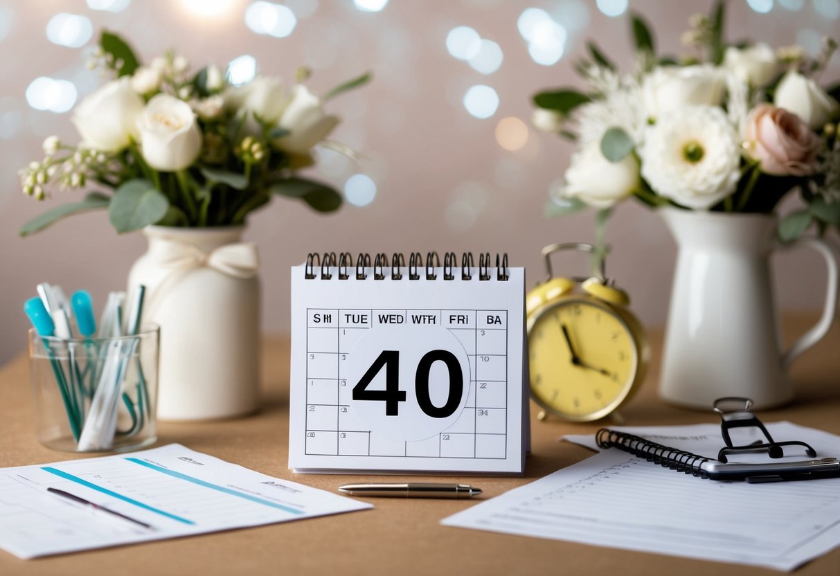 A calendar with 40 days marked, surrounded by wedding planning materials and checklists
