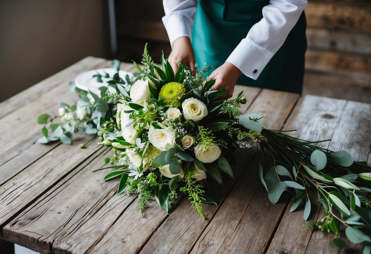 A bride's bouquet being arranged with fresh flowers and greenery on a rustic wooden table