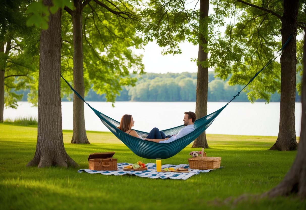 A couple lounging in a hammock under a canopy of trees, with a picnic spread out nearby and a serene lake in the background