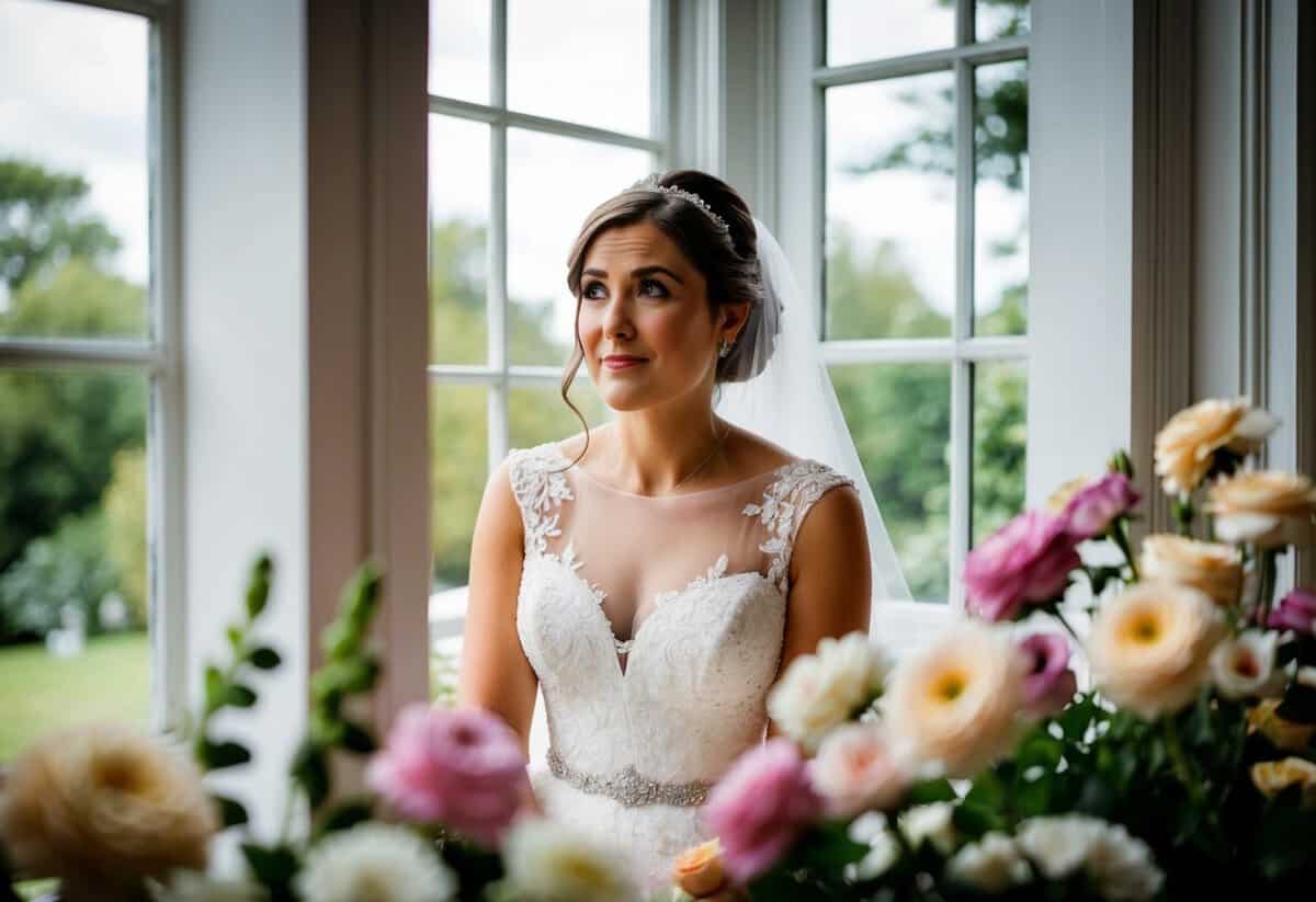 A bride anxiously waits in her wedding dress, surrounded by flowers and framed by a window, as time seems to stand still