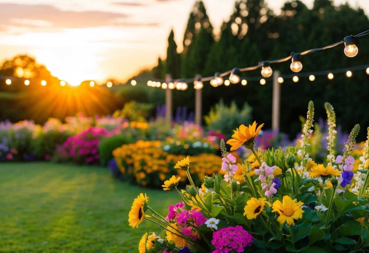 A warm, golden sun sets behind a lush garden adorned with vibrant flowers and twinkling lights, creating a romantic backdrop for a summer wedding