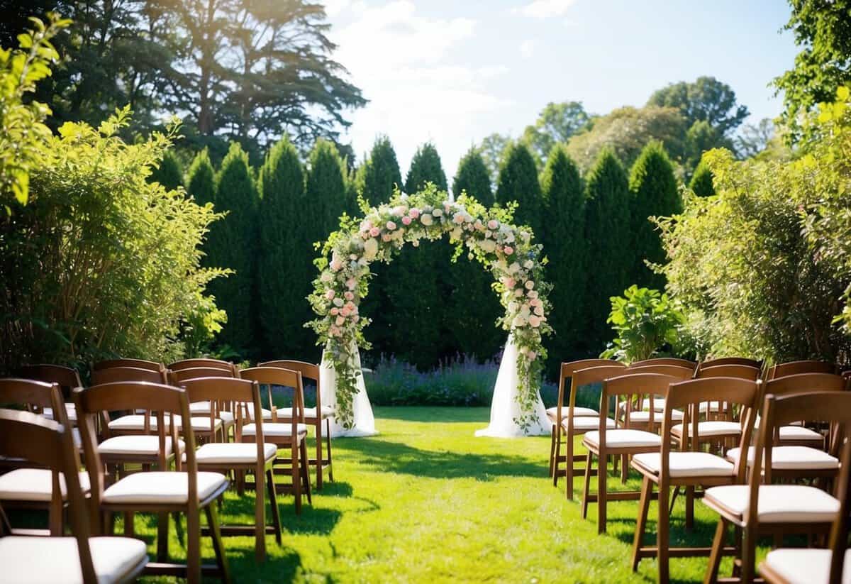 A sunlit garden with empty chairs and a floral archway, awaiting the arrival of guests for a wedding