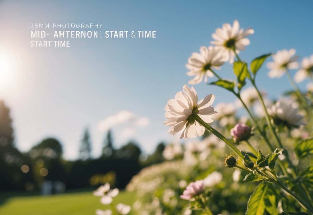 A warm, sunny afternoon with blooming flowers and a clear blue sky, indicating a mid-afternoon start time for a summer wedding