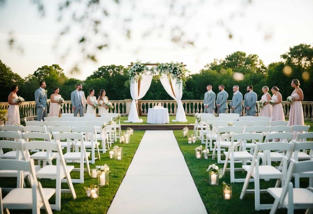 A serene outdoor wedding venue with elegant decorations and seating, ready for guests to arrive
