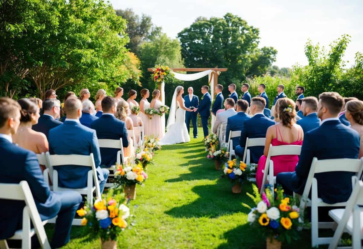 A sunny outdoor wedding ceremony at 4pm, with guests seated in white chairs, surrounded by lush greenery and colorful summer flowers