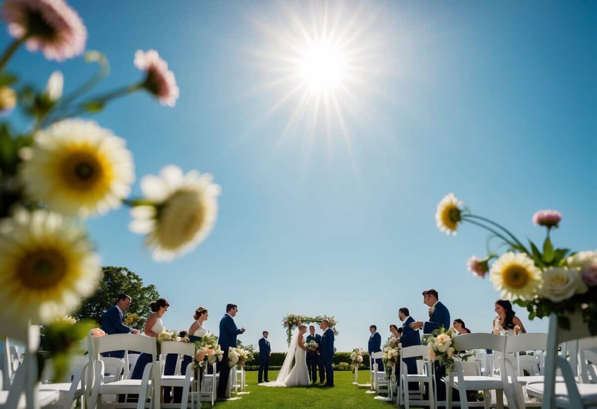The sun is high in the sky as the wedding venue bustles with activity. Flowers are being arranged, chairs are being set up, and the sound of laughter fills the air