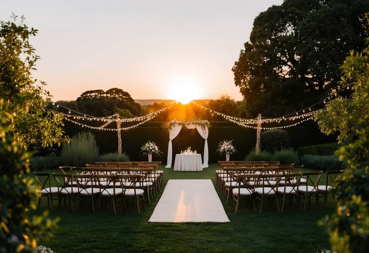 The sun sets over a lush garden, casting a warm glow on the elegant outdoor wedding setup. Fairy lights twinkle in the trees, illuminating the romantic scene